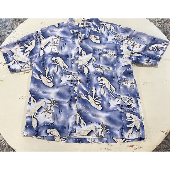 TOMMY BAHAMA SILK CAMP SHIRT XL BLUE PALM SHRIMP ALOHA Hawaiian Tropical - Picture 6 of 6